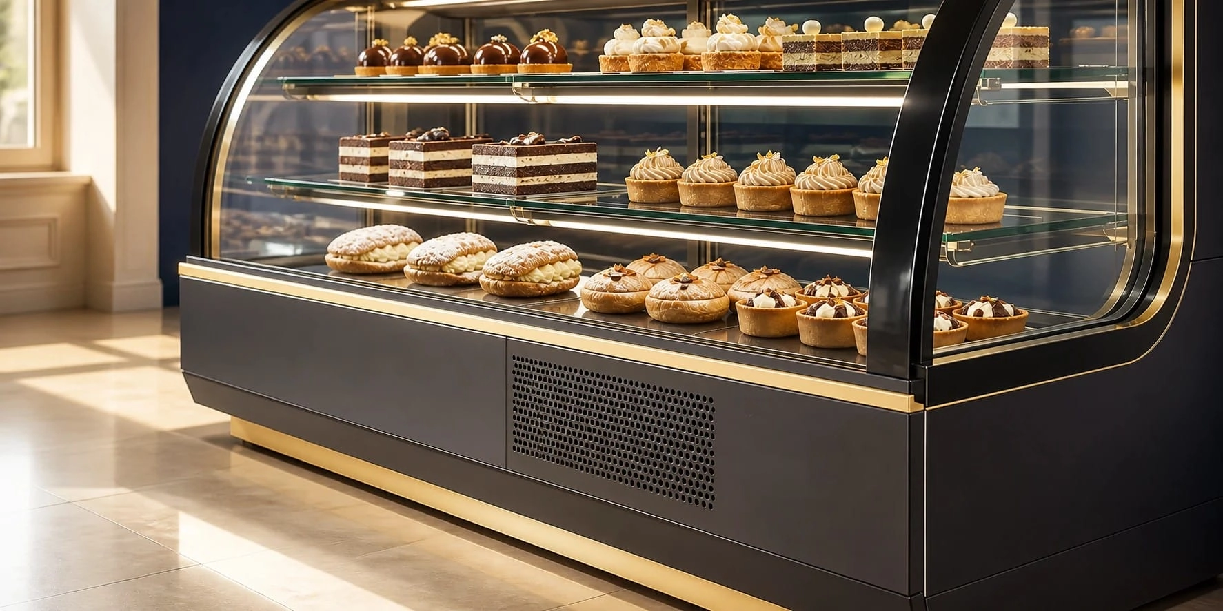 Close view of SR Polarex display engineering, glass, shelving and temperature control