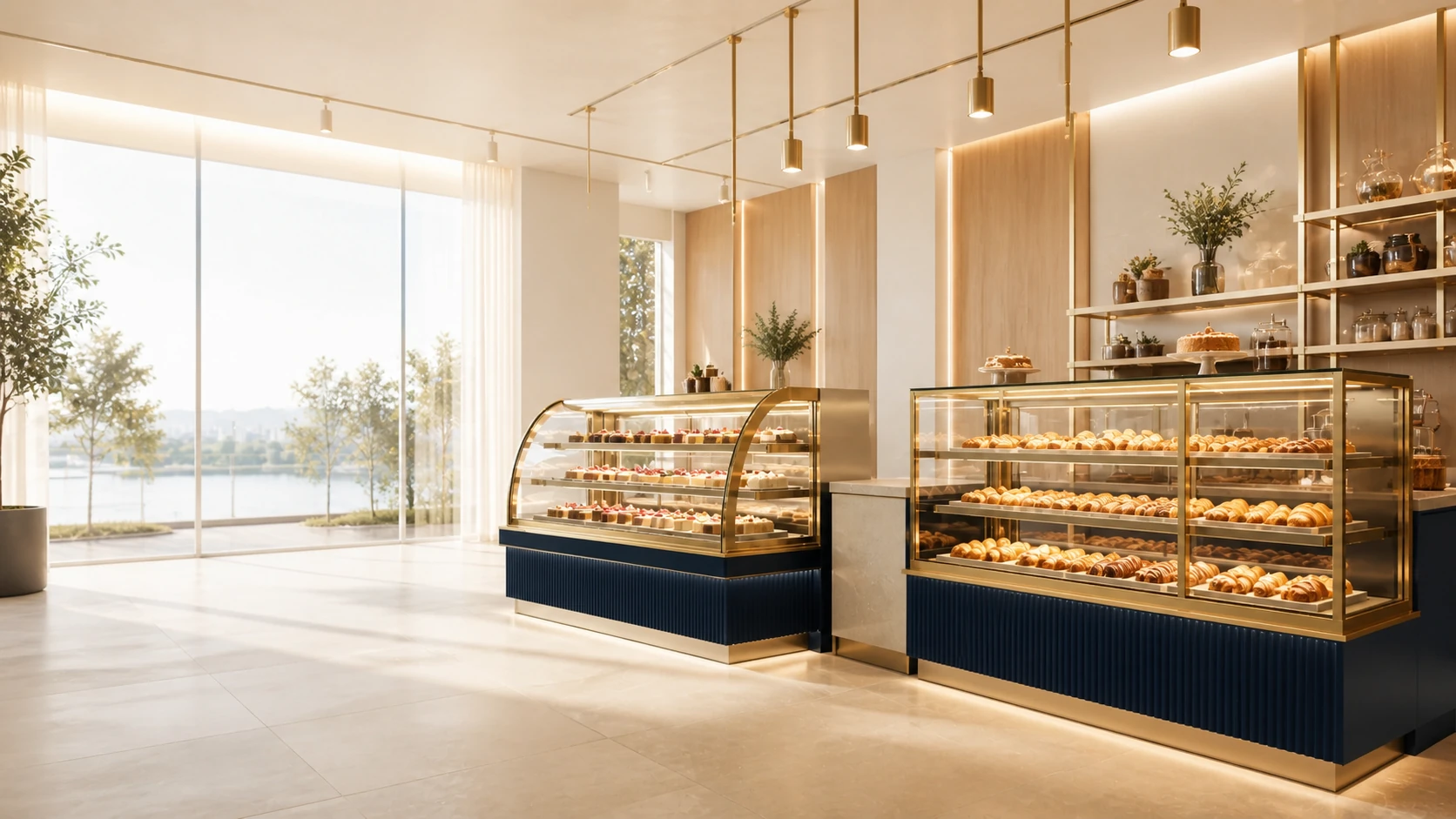 Luxury bakery interior fitted with coordinated black and gold display counters